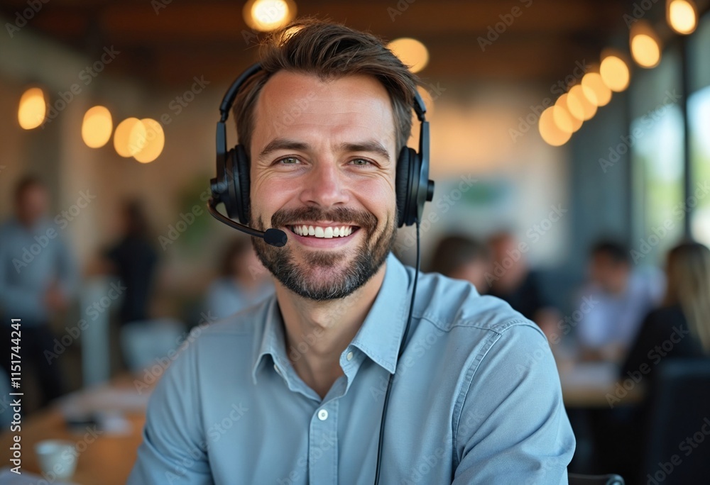 A man in a professional setting, smiling warmly, wearing a headset with a microphone A man in a professional setting, smiling warmly, wearing a headset with a microphone