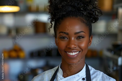 Smiling chef in a modern kitchen, showcasing culinary passion and warmth, perfect for food-related themes.