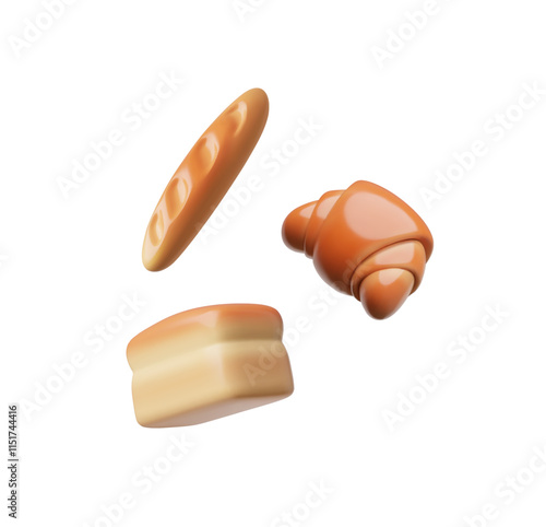 Set of 3D bread of various shapes: loaf, bread and croissant on a white background.