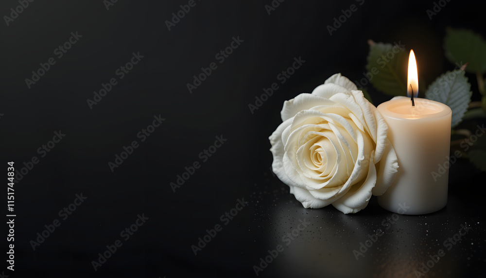 Fototapeta premium White rose and lit candle placed elegantly on a dark background, copy space
