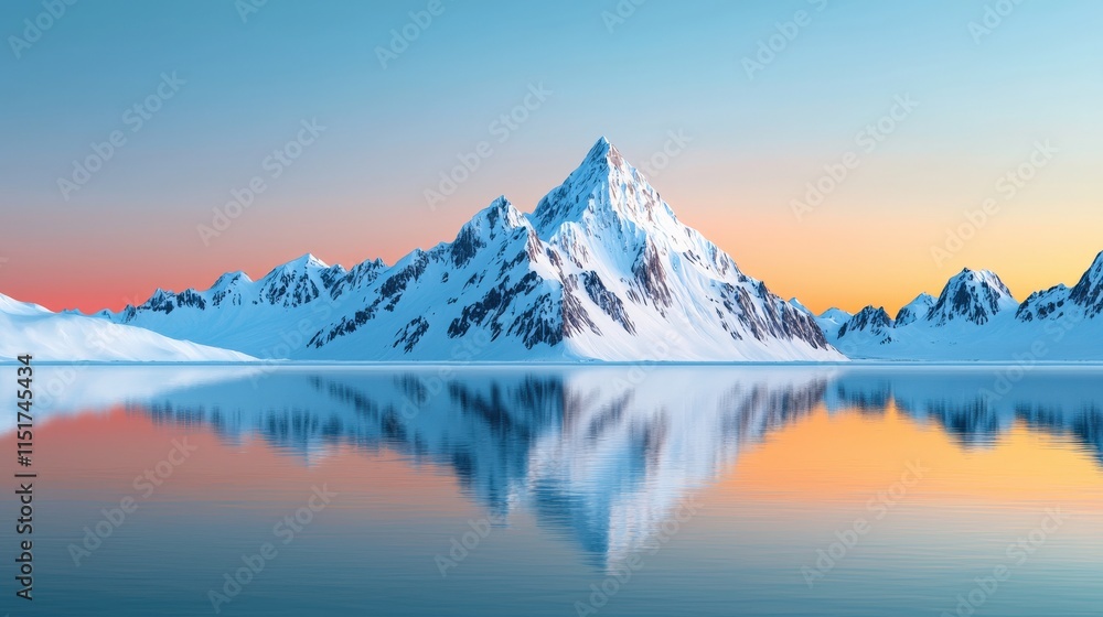 Fototapeta premium A stunning mountain landscape with snow-capped peaks reflecting in calm waters, illuminated by a soft sunrise glow.