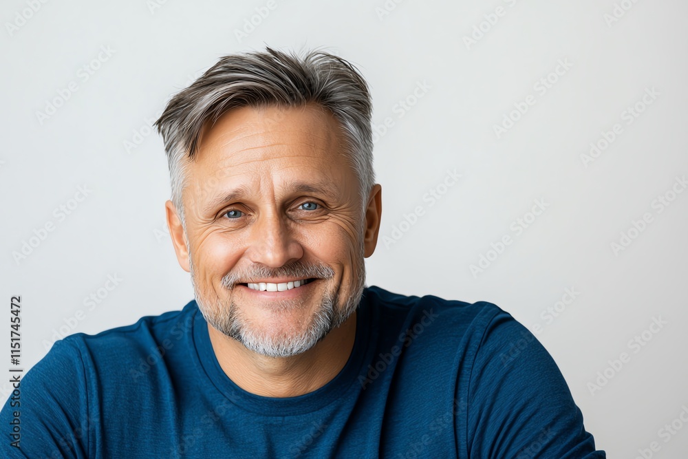 Smiling man with gray hair wearing a blue shirt poses against a plain background. Capturing a friendly and confident expression, perfect for lifestyle and professional contexts. Smiling man with gray hair wearing a blue shirt poses against a plain background. Capturing a friendly and confident expression, perfect for lifestyle and professional contexts.