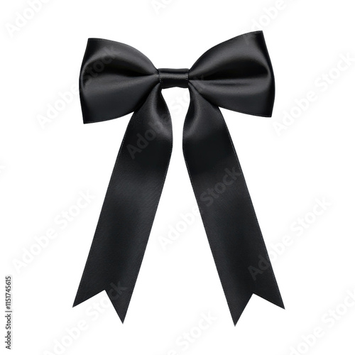 Elegant black ribbon bow with long tails, hyperrealistic watercolor style