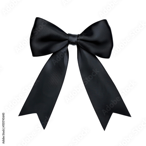 Elegant black ribbon bow with long tails, hyperrealistic watercolor style on dark background
