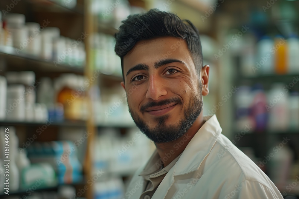 Smiling pharmacist in a pharmacy, surrounded by shelves of medications, conveying warmth and professionalism. Smiling pharmacist in a pharmacy, surrounded by shelves of medications, conveying warmth and professionalism.