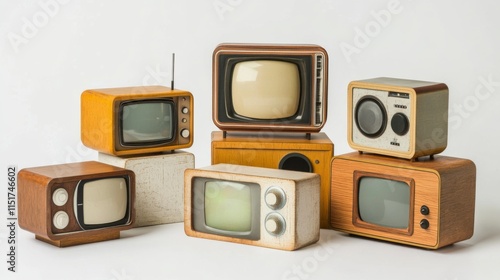 An artistic arrangement of vintage televisions, showcasing various designs and styles from mid-20th century, on a neutral backdrop, evoking nostalgia and design evolution. photo