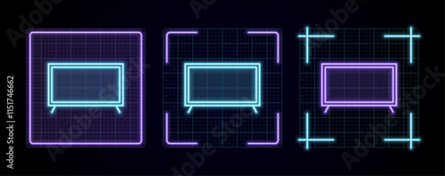 TV icon illustration, cyber neon visual, glowing border grid vector.
