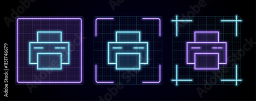 Printer icon illustration, cyber neon visual, glowing border grid vector.