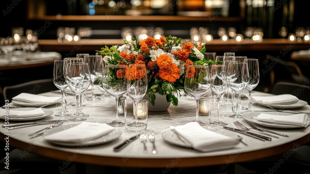 Fototapeta premium Elegant dinner table setting with orange and white flowers.