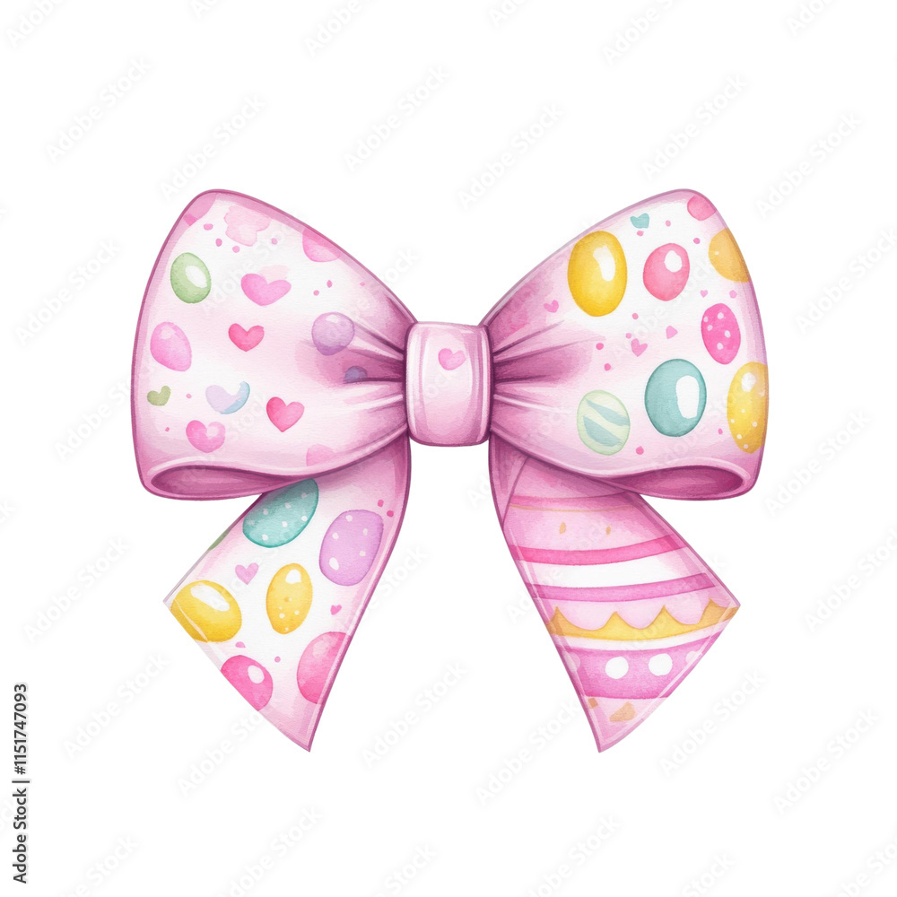 Pink bow with Easter egg pattern, featuring hearts and vibrant pastel colors, evoking festive and cheerful mood Pink bow with Easter egg pattern, featuring hearts and vibrant pastel colors, evoking festive and cheerful mood