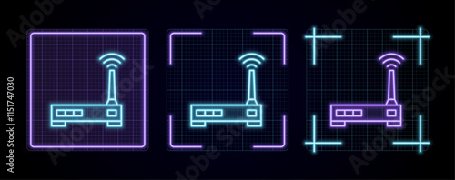 Modem icon illustration, cyber neon visual, glowing border grid vector.