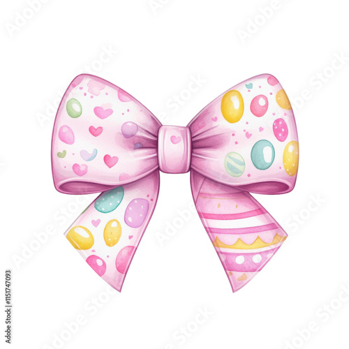 Pink bow with Easter egg pattern, featuring hearts and vibrant pastel colors, evoking festive and cheerful mood