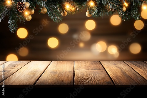 Cozy wooden deck with festive lights and pine branches, perfect for holiday-themed settings or warm winter evenings photo