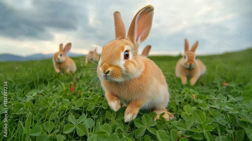 Fototapeta premium Biodiversity preservation style. Five rabbits playing in a lush green field under a cloudy sky.