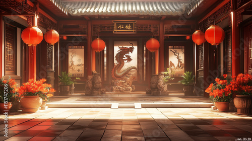 Wallpaper Mural Vibrant red walls and tiles, ornate lanterns, and intricate dragon decorations adorn this meticulously detailed digital recreation of an ancient Chinese courtyard. The wide-angle lens captures the sym Torontodigital.ca