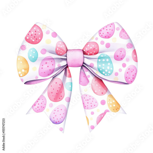 colorful bow with Easter egg pattern featuring pastel pink, yellow, and blue hues on transparency background