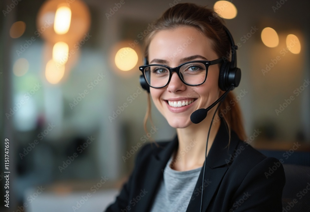 A woman in a professional setting, smiling warmly, wearing a headset with a microphone A woman in a professional setting, smiling warmly, wearing a headset with a microphone