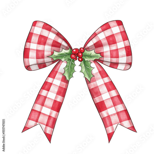 Red gingham Christmas bow with holly leaves and berries, festive and cheerful design