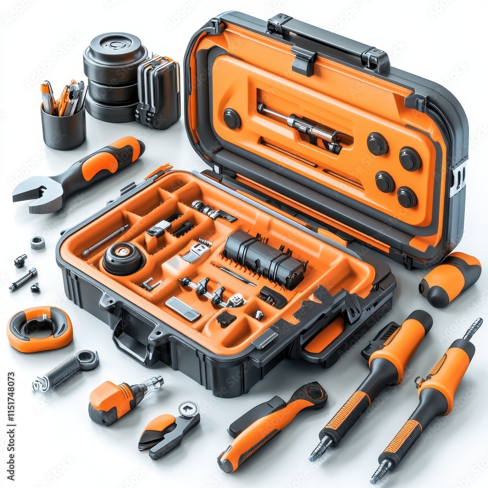 A well-organized tool kit featuring various tools in a black and orange case, ideal for DIY enthusiasts and professionals. A well-organized tool kit featuring various tools in a black and orange case, ideal for DIY enthusiasts and professionals.
