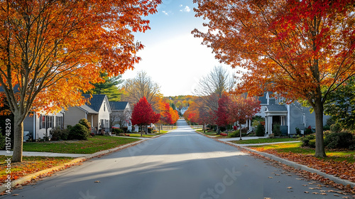 Tree-lined suburban street in autumn in Woodstock Vermont with vibrant orange and red leaves covering the road and sidewalks