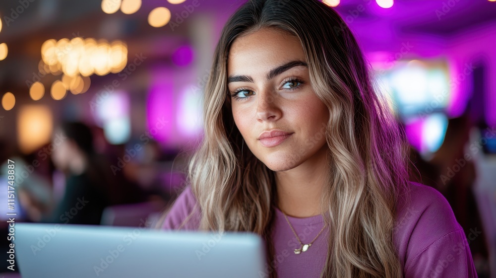 Fototapeta premium Young woman working on laptop urban lifestyle photography soft lighting personal focus trendy environment