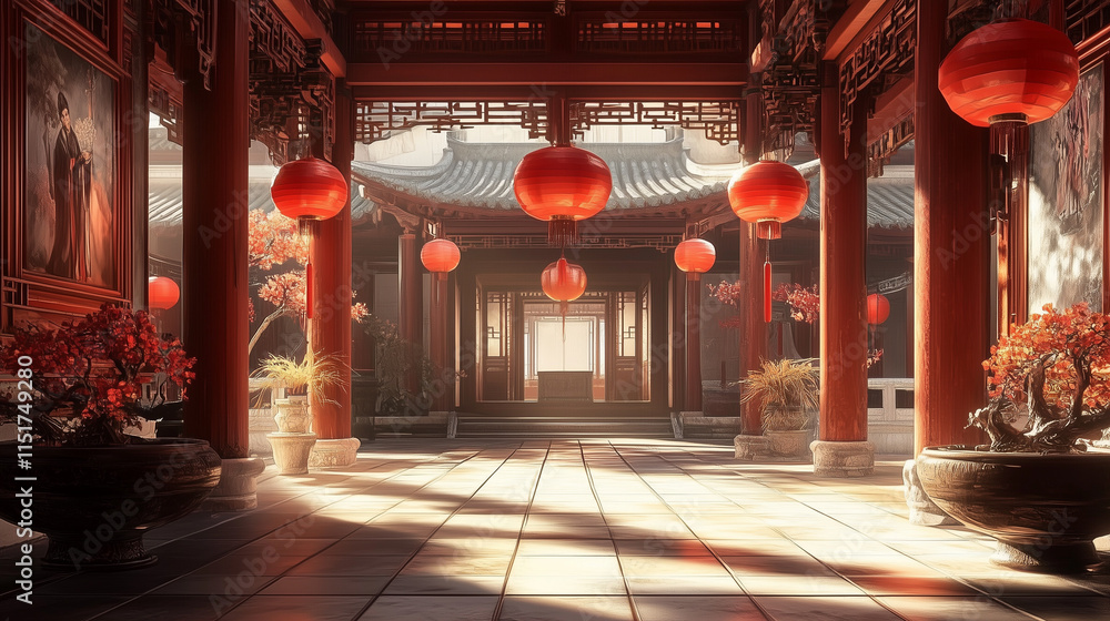custom made wallpaper toronto digitalVibrant red walls and tiles, ornate lanterns, and intricate dragon decorations adorn this meticulously detailed digital recreation of an ancient Chinese courtyard. The wide-angle lens captures the sym