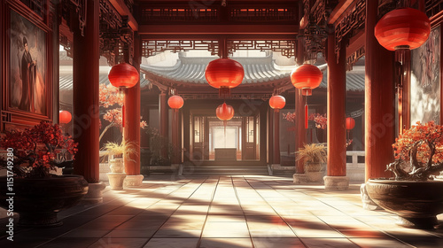 Wallpaper Mural Vibrant red walls and tiles, ornate lanterns, and intricate dragon decorations adorn this meticulously detailed digital recreation of an ancient Chinese courtyard. The wide-angle lens captures the sym Torontodigital.ca