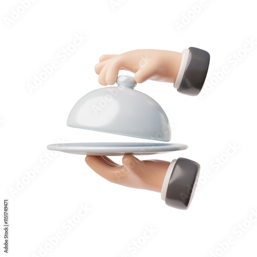 3d illustration with the image of an icon with waiter's hands holding a tray and opening the lid.