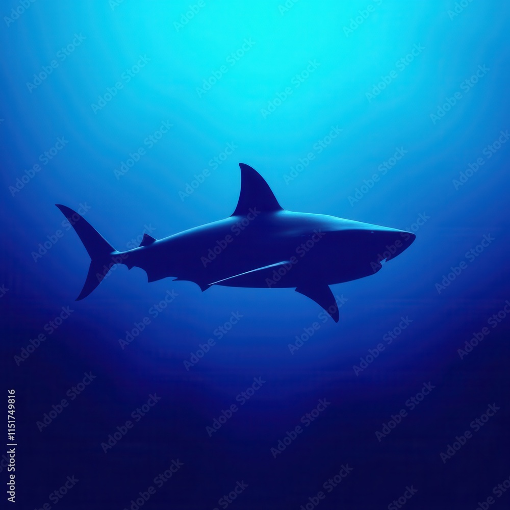 Fototapeta premium Giant shark silhouette against a blue background, deep blue sea, oceanic apex predator, marine hunter, black outline
