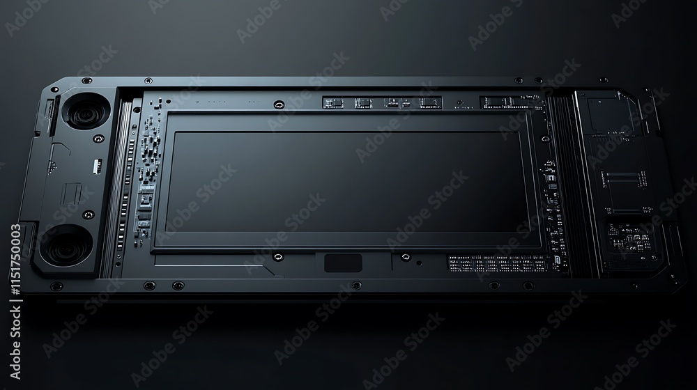Fototapeta premium Futuristic dark metallic device with blank screen, detailed circuitry, and side ports.