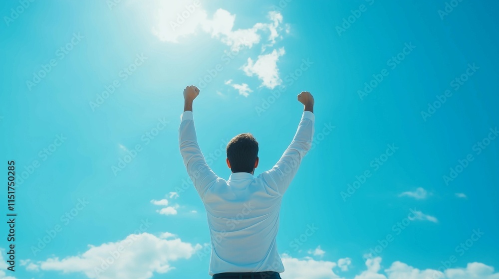 Man stands on top of mountain,arms raised,victory,concept of success and achievement,copy space. Man stands on top of mountain,arms raised,victory,concept of success and achievement,copy space.