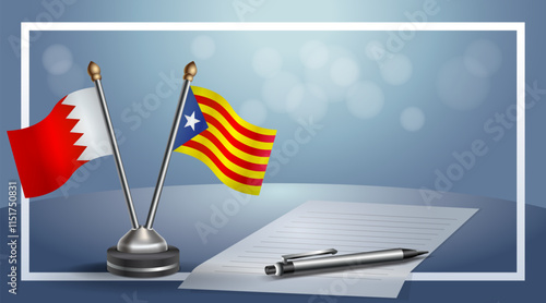 Bahrain and Catalonia National flags on small table with bokeh background, cooperative relationship