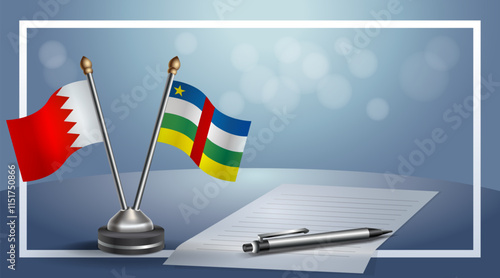 Bahrain and Central African Republic National flags on small table with bokeh background, cooperative relationship