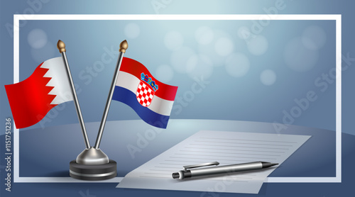 Bahrain and Croatia National flags on small table with bokeh background, cooperative relationship