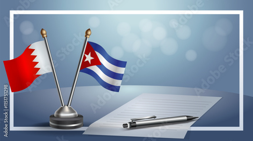 Bahrain and Cuba National flags on small table with bokeh background, cooperative relationship