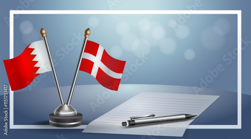 Bahrain and Denmark National flags on small table with bokeh background, cooperative relationship