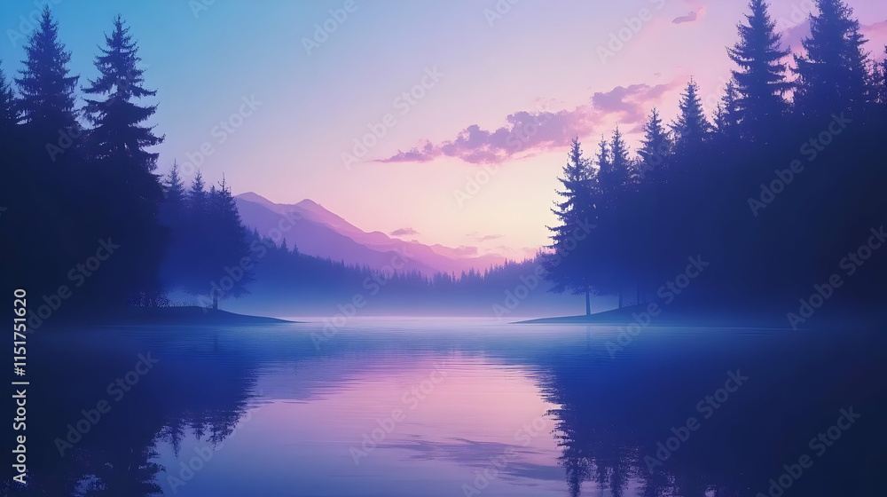 Serene twilight landscape with misty lake and silhouetted trees. Serene twilight landscape with misty lake and silhouetted trees.