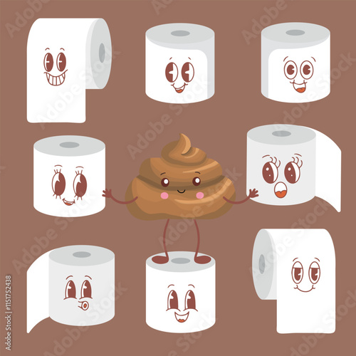 Set of toilet paper rolls in different positions. Brown poop illustration. Toilet and bathroom element. Hygiene and sanitation. Vector illustration on mocha mousse background
