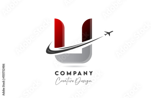 U red letter alphabet logo icon design with plane and swoosh suitable for an air or aerospace travel business or company