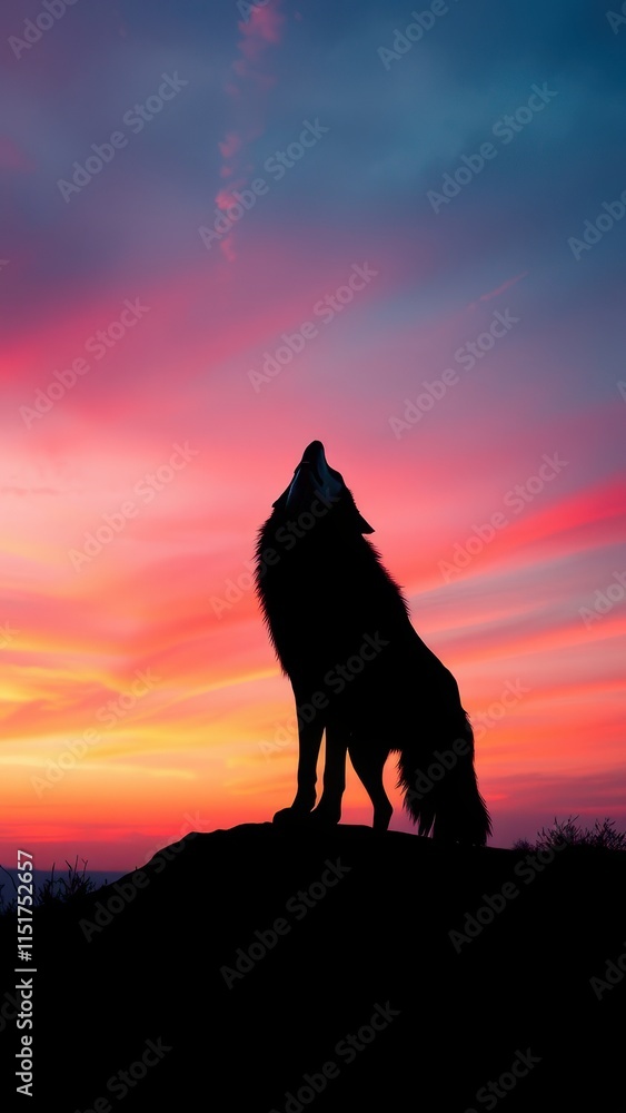 Howling wolf silhouette against a colorful sky, communication, wildlife, dawn