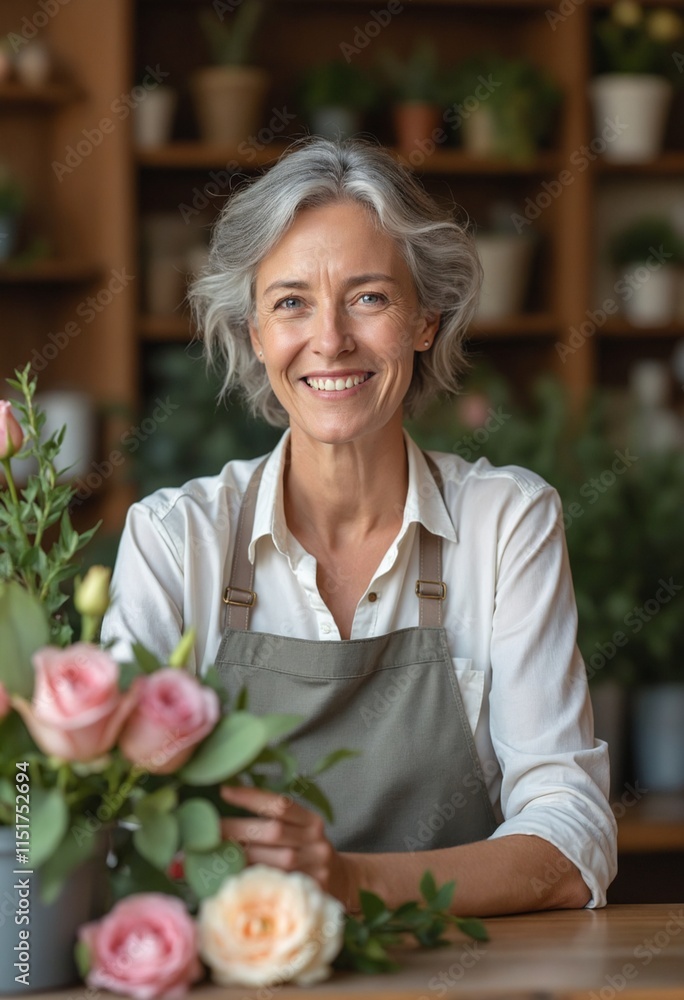 Fototapeta premium Beautiful happy gray haired woman florist standing at table in flower shop
