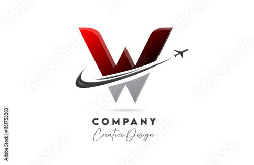 W red letter alphabet logo icon design with plane and swoosh suitable for an air or aerospace travel business or company