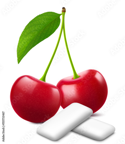 Bubble gum with an cherry flavor. Pads of bubble gum spearmint for fresh breathing. Chewing gums for healthy teeth and dental hygiene. Refreshing candy. Realistic 3D vector illustration