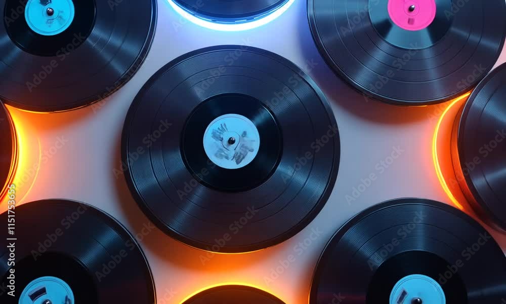 Neon-lit vinyl records arranged in a vibrant, geometric pattern. Neon-lit vinyl records arranged in a vibrant, geometric pattern.
