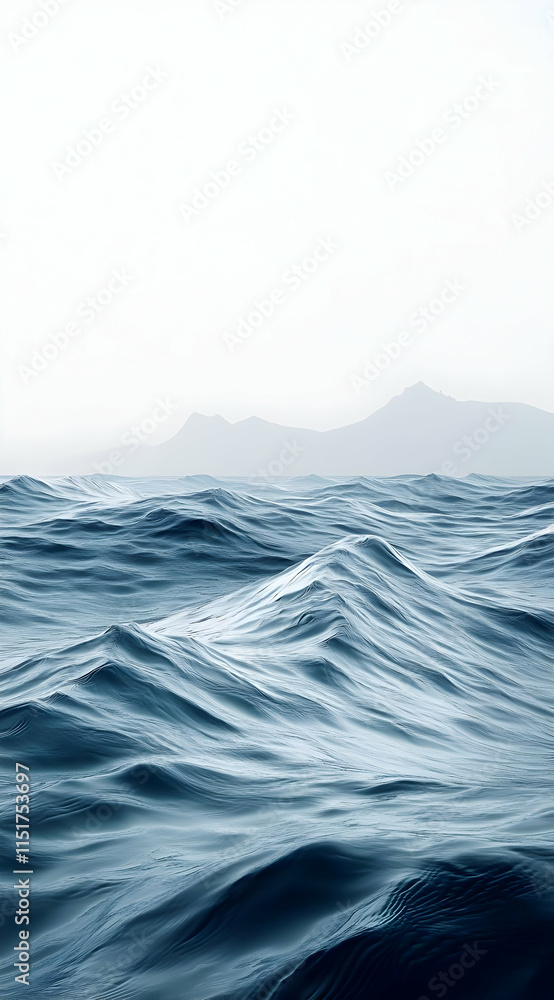 A serene view of ocean waves with distant mountains under a misty sky. A serene view of ocean waves with distant mountains under a misty sky.