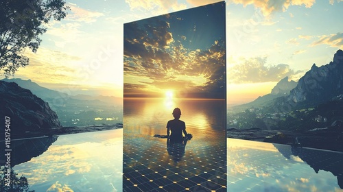 double exposure image of a person working in a solar panel installation site, with the sun rising over the horizon, symbolizing hope and the growth of clean energy solutions. [Environmental]:[Renewabl photo