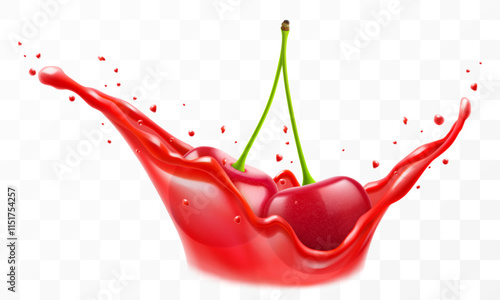 Fresh ripe cherries falls into a splash of juice, isolated on transparent background. Realistic 3d vector illustration. Summer vitamin food and drink. Cherry berry smoothie splash