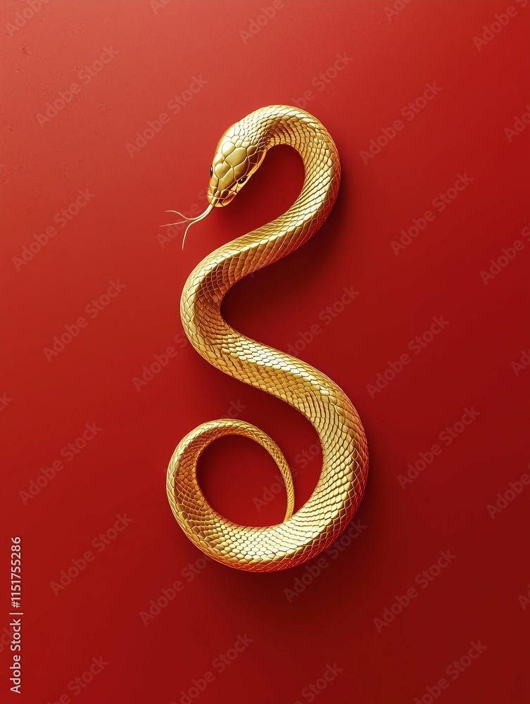 Fototapeta premium Golden, snake-shaped figure on red background,symmetrical composition, Chinese zodiac snake theme.