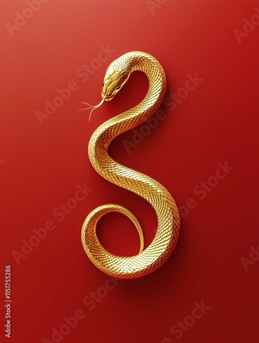 Golden, snake-shaped figure on red background,symmetrical composition, Chinese zodiac snake theme. photo