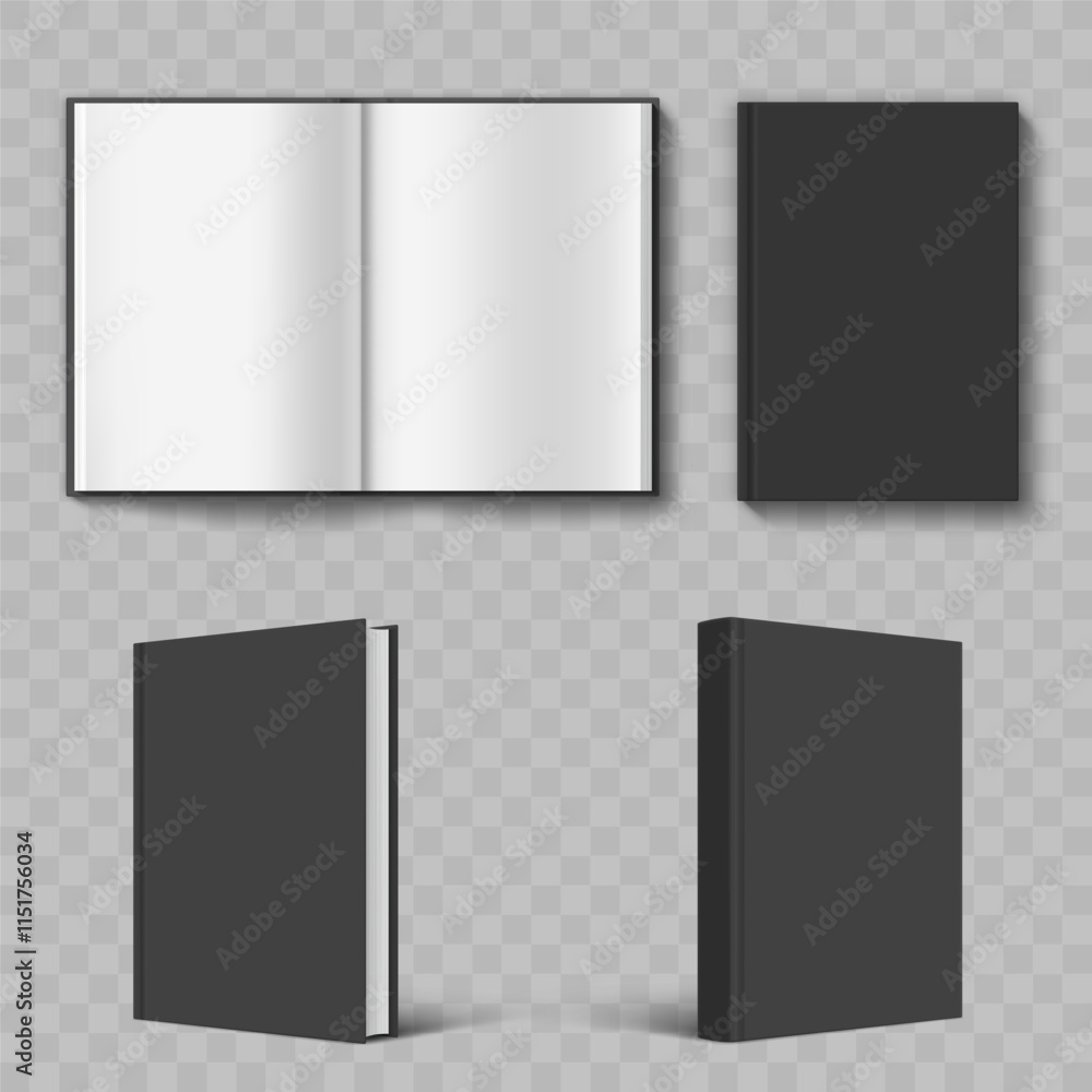 Mockup of black book or notebook cover. Template isolated on transparent background. Vector illustration Mockup of black book or notebook cover. Template isolated on transparent background. Vector illustration